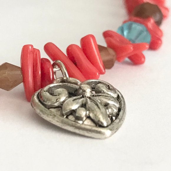 Vintage Fleur de Lis Heart Charm Necklace Choker Red Coral Saints Mardi Gras - Picture 6 of 12